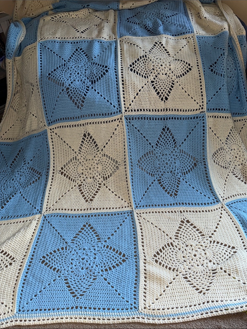 Hand Crafted Blue and Cream Crochet Star Patchwork Throw Blanket